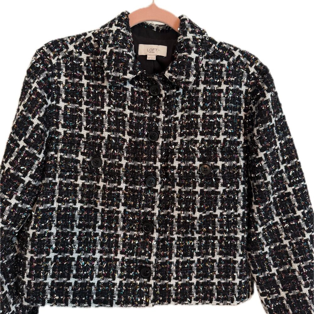 LOFT Shimmer Tweed Cropped Shirt Jacket Black White Metallic XSP